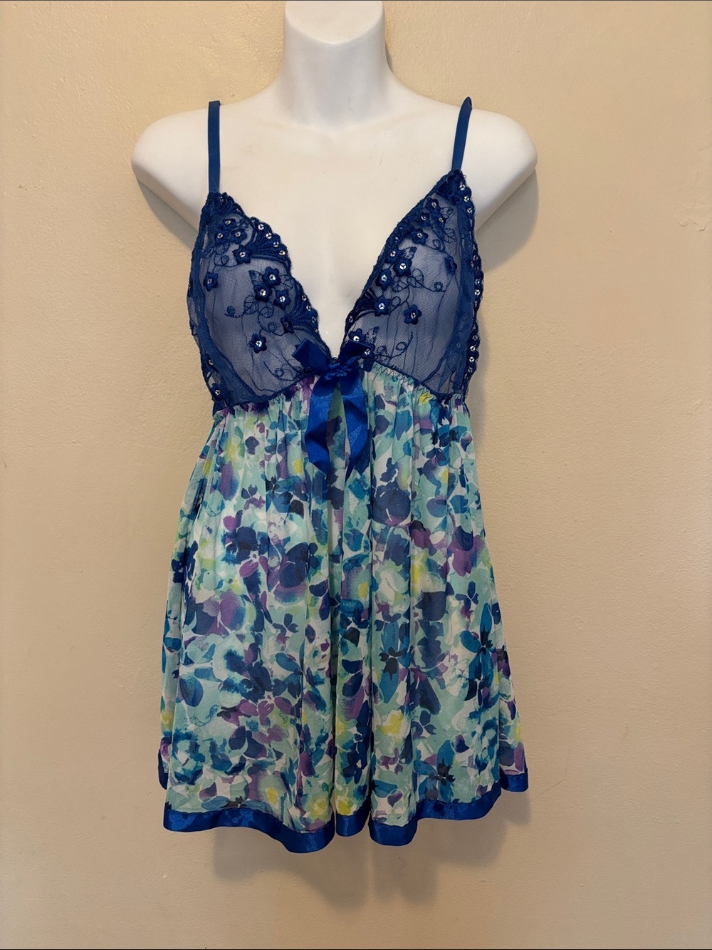 Blue Floral Lace Babydoll Chemise - Sheer Mesh & Satin Trim